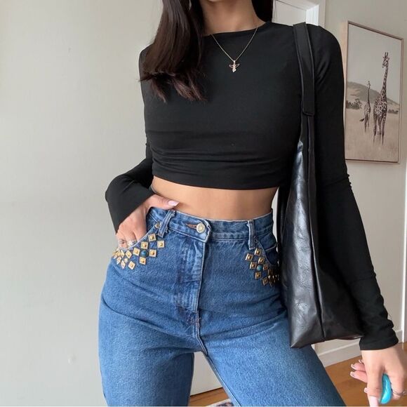 80s- 90s Embellished jewelled high rise dark wash mom jeans by Props - Picture 4 of 8